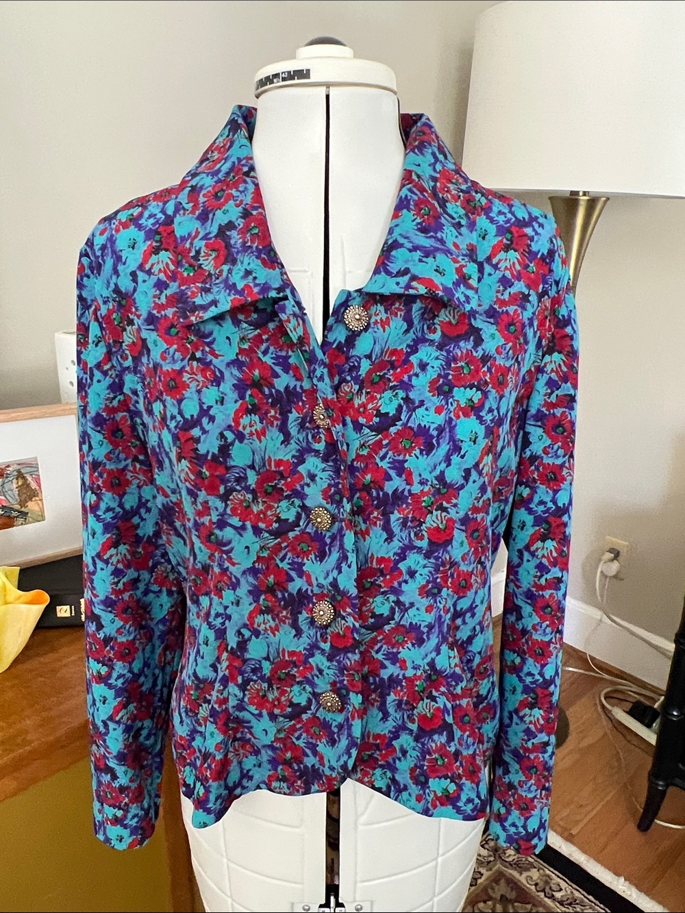 Leslie Fay Turquoise and Magenta Floral Blouse